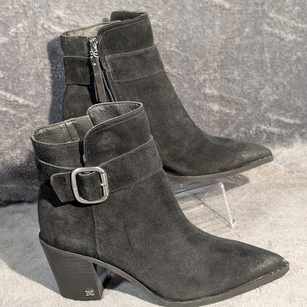 Sam Edelman - Suede Ankle Boots with Buckle - Leonia - Black - 9 M Zip Up